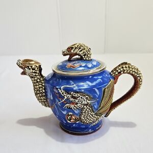 Vintage Asian Dragon Teapot • Hand Painted Cobalt Blue Ceramic